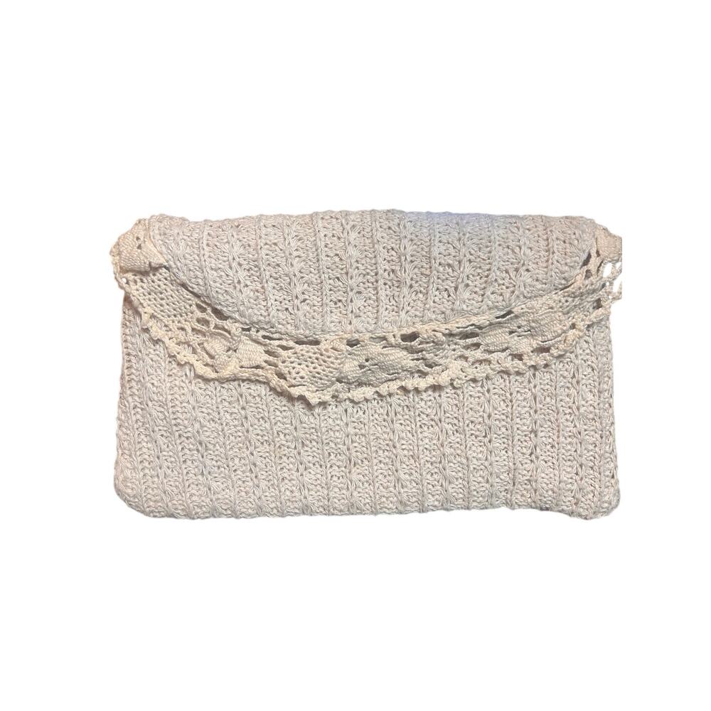 Vintage Hand Crocheted Lace Clutch Cream Boho Cottagecore Bridal Purse